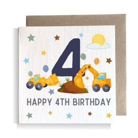 Second Ave 4th Birthday Age 4 Children's Kids Baby Digger Square Card For Boy or Girl Birthday