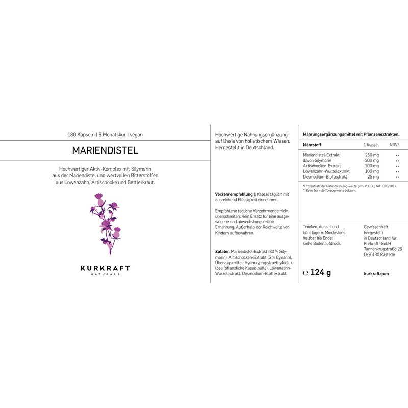 Kurkraft Milk Thistle, Artichoke, Dandelion, Desmodium, TÜV Laboratory Tested, 120