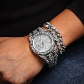 Halukakah Diamonds Gold Watch Iced Out,Men's Platinum White Gold Plated 40MM Width Octagonal Round Dial Quartz Wristband 8.7" with Cuban Link Chain 8" Bracelet Set,Free Giftbox