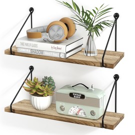 Sapowerntus Floating Shelves Wall Mounted Shelf Rustic Light Wood Bathroom Bedroom Kitchen Hanging Storage Organizer with Triangle Metal Brackets Farmhouse Living Room Office Home Decor Set of 2