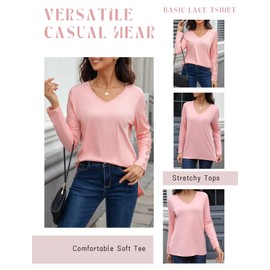 Summer Casual Lace Tops for Women Long Sleeve V Neck Side Split Loose Fit Casual Soft Comfy Tees T Shirts 2025 Summer Fall Pink Small