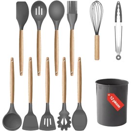 12PCS Utensilios de Cocina de Silicona, Resistente al Calor y Antiadherente Conjunto de Utensilios de Cocina Mango de Madera Juego de Utensilios de...