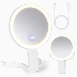 VINATO Specchio Trucco con Luci LED a Doppia Faccia, Pieghevole Specchio Ingranditore 10X con Luce Regolabile, 3 Modalità di Colore, Portatile o Appeso,per Camera da letto Tavolino da toeletta Viaggi