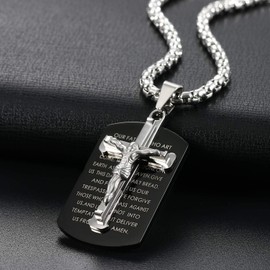 OIDEA Herren Edelstahl Kreuz Halskette Dogtag Anhänger, Vintage Biker Bibel Gebet Jesus Kruzifix Anhänger mit Ketten 56cm, Schwarz Silber