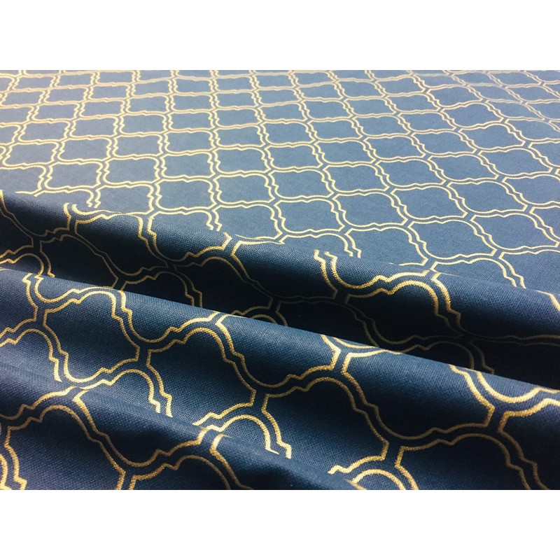 Gold Moroccan Arabic Damask Fabric Navy Blue Curtain Upholstery -