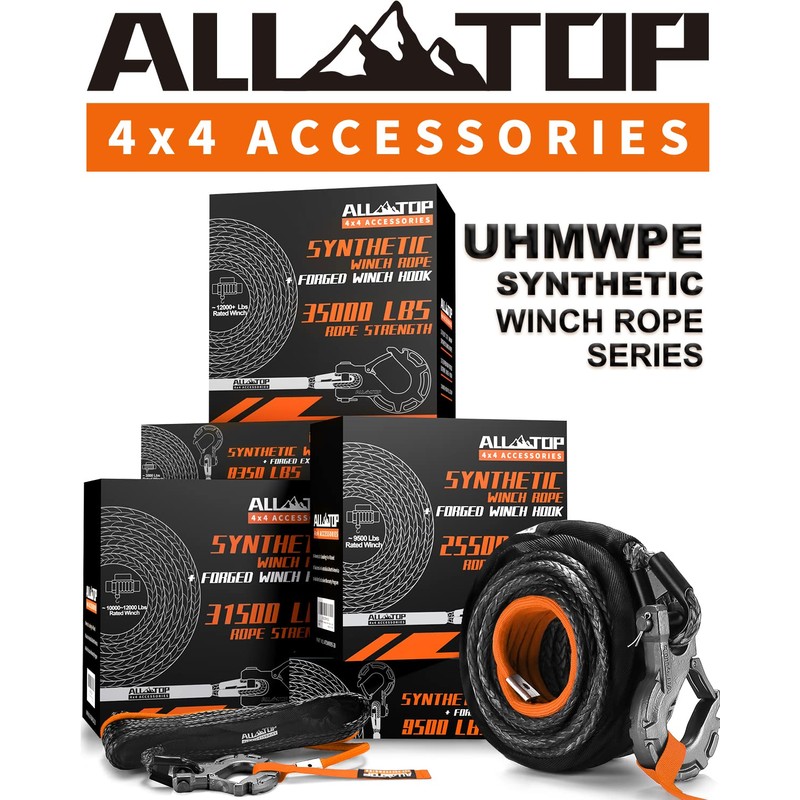 ALL-TOP Synthetic Winch Rope w/Hook & Isolator, 3/16in x 50ft,