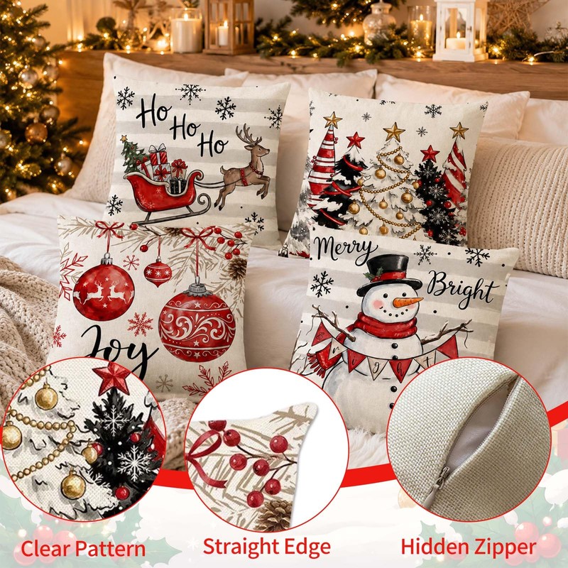 4 Pack Christmas Cushion Covers, Holiday Christmas Decorations For Home