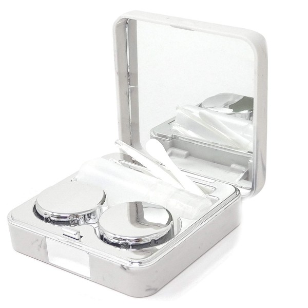 HONBAY Fashion Marble Contact Lens Case Portable Contact Lens Box Kit with Mirror (Square) (Silver)