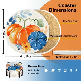 Paayna Fall Blue Pumpkin Drink Coasters with Holder Set of 6, Autumn Watercolor Absorbent Ceramic Cup Mat for Coffee Table Protection, 4 Inch Thanksgiving Home Kitchen Decor Housewarming Gifts