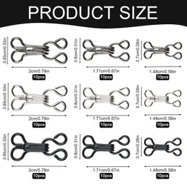 90 Sets Sewing Hooks and Eyes Closure, Hook and Eye Fastenings for Clothes, 3 Sizes Hook and Eye Closure, Metal Hook and Eye Latch Sewing for Bra, Clothes, Skirts, Pants（Silver, Gunmetal, Black）