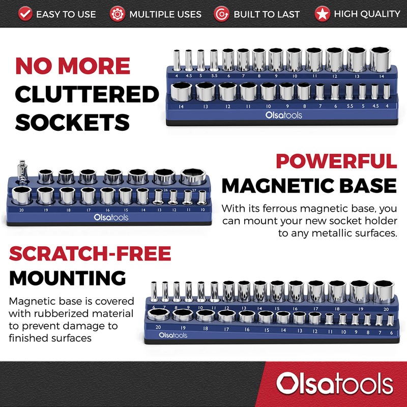 Olsa Tools Magnetic Socket Organizer | 3 Piece Socket Holder