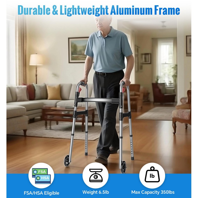 HOMLAND Walkers for Seniors, 2-Button Folding Walkers with Wheels, Lightweight
