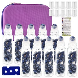 Essential Oil Roller Bottle EVA Carrying Travel Case and 10pcs Essential Oil Gemstone Roller Ball Bottles Frosted Glass Inside 10ml Healing Crystal Chips Feng Shui Roller (Bluestone)