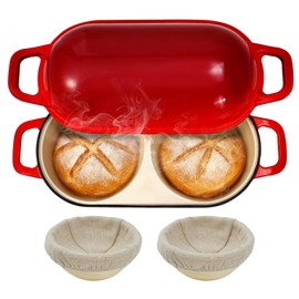 Mini Double Dutch Oven for Sourdough Bread Baking – Enameled Cast Iron Bread Pan with Lid, 500°F Oven Safe Non-Stick, Dual Round Loaf Space (6inch Diameter), Bake Two Different Loaves at Once, Includes 2×5" Banneton Proofing Baskets (Red)