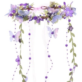 MOSTORY Purple Flower Elf Crown - Woodland Fairy Headpiece with Butterflies for Renaissance Faire Accessories Women, Forest Fairy Crowns for Renfaire Cosplay Fantsay Fairycore