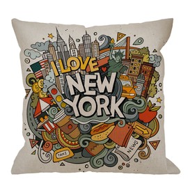 (Design 105) - HGOD DESIGNS New York Decorative Throw Pillow Cover Case,Cartoon Doodles Inscription American Cotton Linen Outdoor Pillow cases Square Standard Cushion Covers For Sofa Couch Bed 46cm x 46cm Colourful