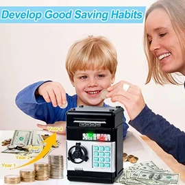 Piggy Bank Cash Coin Can ATM Bank Electronic Coin Money Bank for Kids - Hot Gift, Money Bank with Password Cute ATM Piggy Bank Coin Can for Real Money, Auto Scroll Paper Money Saving Box (Black)