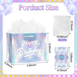 LUUFILx Happy Birthday Gift Bag with Tissue Paper Holographic Party Favor Bags for Girls Birthday Wrapping Paper for Baby Shower Bachelorette Music Singer 70s Disco Christmas Party Supplies