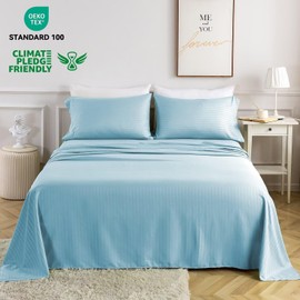 SIGF 4 Pieces Queen Microfiber Sheets Set, Breathable and Soft Bed Sheets with Deep Pocket, Double Brushed Sky Blue Embossed Sheets