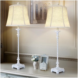 Buffet Lamps Set of 2, 33" Tall Skinny Candle Stick Table Lamps with White Linen Shades, 3-Way Dimmable Bulbs Included, Vintage Nightstand Lamps for Living Room Bedroom Dinning Entryway - Washed Blue