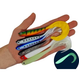 Gummifische Hecht und Zander mit Twisterschwanz 6 Stück 12cm 6g | Mit Hakentaschen für Offset Haken und Standard Jigköpfe | Zander Köder Hecht Köder (6er Set)