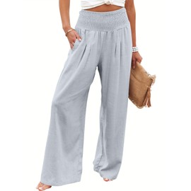 ANRABESS Women Linen Palazzo Pants Summer Boho Wide Leg High Waist Casual Lounge Pant 2025 Beach Travel Vacation Outfits Light Blue X-Large
