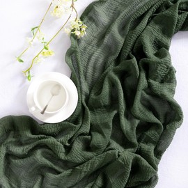 DeZerlor Olive Green Cheesecloth Table Runner 4 Pack Fall Thanksgiving Table Runners 120 inches Boho Gauze Olive Cheese Cloths for Rustic Wedding Bridal Baby Shower Decor Party Fall Table Centerpiece