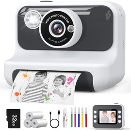 Hangrui Kids Camera Instant Print, 2.4'' Instant Camera for Kids, 1080P Kids Digital Camera with 32GB Card & 3 Rolls Photo Paper, Christmas Birthday Gifts Kids Toys for Girls & Boys Aged 3-12 -White