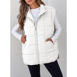 EVALESS Womens Puffer Vest Quilted Zip Up Cap Sleeve Jackets Lightweight Fall Vacation Outfits for Women 2024 Fashion Warm Winter Coats With Pockets White Large