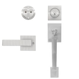 Front Door Handle Set with Deadbolt Lever, Reversible Exterior Door Lock Set Adjustable Entrance Handle Set for Right Left Handed Doors Heavy Duty for Home (D-Type Slider,Square, Silver)