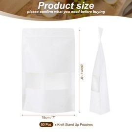 uxcell 50pcs Kraft Stand Up Pouches, 7 x 10 White Resealable Kraft Paper Zip Seal Food Storage Bags Multipurpose Bulk Packing Bags with Matte Window for Dried Fruit Nut Coffee Tea