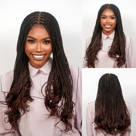 Wow Braids 18" 360 HD Transparent Full Lace Knotless Braided French Curls Wig – Synthetic, Pre-Plucked With Baby Hair, Curly Tips, Color B29-Black/Brown Ombre, Handmade Box Braided Wig for Black Women