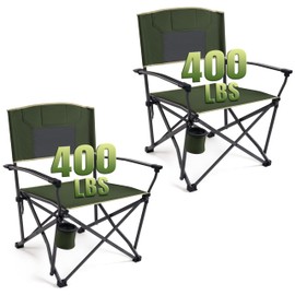 Folding Camping Chairs 2 Pack, Heavy Duty Camping Chairs for Adults Steel Frame Support 400 lbs, Metal Arm Lawn Chairs with Swivel Cup Holder, Hollow Backrest Camp Chair, Outdoor Sports Chairs, Green