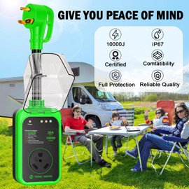 RV Surge Protector 30Amp -10000Joules RV Power Surge RV Circuit Analyzer Surge with Waterproof Cover Safety Certification LED Display RV Adapter Plug for Camper Travel Trailers (Green, 30A)