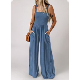 Dokotoo Womens Casual Loose Overalls One Piece Sleeveless Jumpsuits for Women Stretchy Wide Leg Long Pant Rompers Jumpsuit with Pockets Small Blue