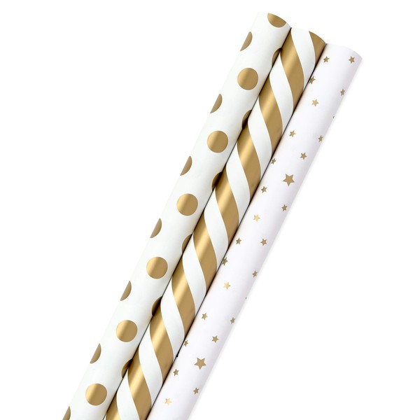 Hallmark All Occasion Wrapping Paper Bundle with Cut Lines on Reverse - White and Gold (3-Pack: 105 sq. ft. ttl.) for Birthdays, Weddings, Graduations, Engagements, Bridal Showers and More