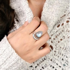 Awmnjtmgpw 925 Sterling Silver Rainbow Moonstone moon women's Retro ring creative tear shaped water drop crescent punk ring size 6-10 (size 7)