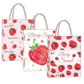 Remerabel 24 Pcs Strawberry Party Favors Gift Bags with Handles, 6 x 3.1 x 8.5 Inch Paper Treat Candy Snack Bags, Strawberry Theme Party Favor Decorations Supplies