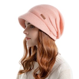 AYPOW Women's Winter Knitted Slouchy Hat with Visor, Beret Hat, Fleece Lined, Warm Winter Hat with Brim, Sweater Ear Protection Hat, Newsboy Hat, Daily Winter Outdoor Hat for Women, pink