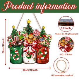 Kercan Christmas Mason Jar Welcome Sign for Front Door, Wooden Hanging Gingerbread Xmas Decoration, 12x12 Inch Wall Hanging for Home Decor Xmas Party (Green Red)