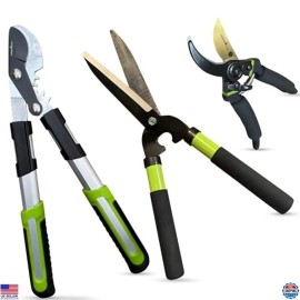 Garden Guru Heavy Duty Hedge Shears Pruning Loppers 3 Pc Set - Comfort Grip Handles