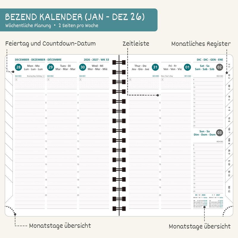 BEZEND Calendar 2026 Book Calendar A5 Ring Binder 1 Week