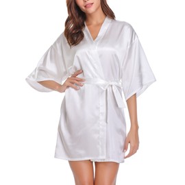 Wikoan Women's Satin Dressing Gown, Soft Silk Robe Lightweight Sleepwear for Bridal, Wedding Party Robes with Oblique V-Neck,L,White