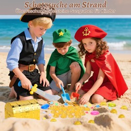 SelfTek Pack of 106 Treasure Chest Children's Birthday Pirate Treasure, Diving Toy for Children, Water Toy, Diving Jewel Pool Toy, 50 Gold Coins, 50 Gemstones, Pirate Toy for Treasure Hunting Party