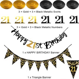 Melhope 21st Birthday Party Decorations Black Gold Happy Birthday Bunting Banner Triangle Flags with 6pcs Hanging Swirls Streamers for Him Her Party Decor Supplies
