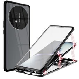 ANFAIRLACE Case Compatible with Honor Magic 7 Lite 5G, Magnetic Adsorption 360 Protection Front Back Tempered Glass Aluminum Frame Cover Shockproof Transparent Case, Black