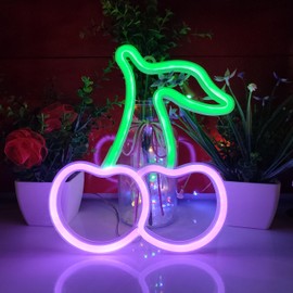 JYWJ Cherry Neon Sign,USB or 3-AA Battery Powered Neon Light,LED Table Decoration,Bedroom Wall Decoration,Birthday Gift,Wedding Supplies Business Gift (Green+Purple)