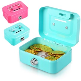 2 Pcs Money Box Cash Box with Lock and Slot, Small Cash Box with Key Lock, Portable Metal Money Box, Money Organizer Piggy Bank Metal Coin Bank Gifts for Christmas Xmas New Year (Pink & Green)
