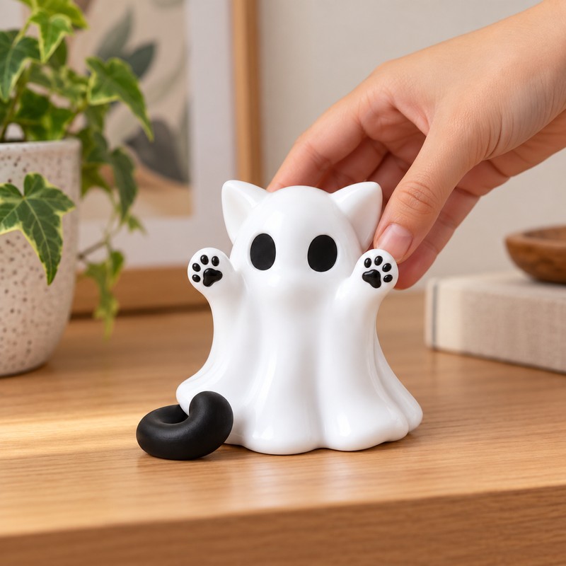 Mini Kitten Ghost Figurine for Halloween Decor – Cute Plastic