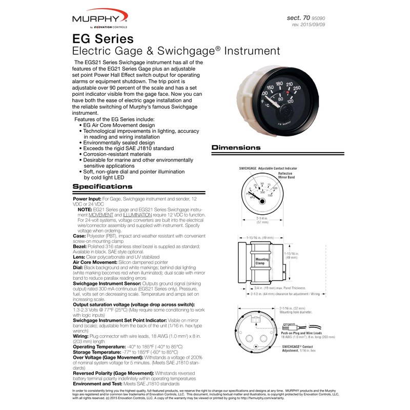 Murphy by Enovation Controls EGS21T-250-12 Electric Temperature Swichgage (10701292)